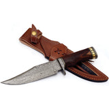 FH Knives Damascus Bowie Brown Wood Damascus Fixed Blade Knife HZBW001