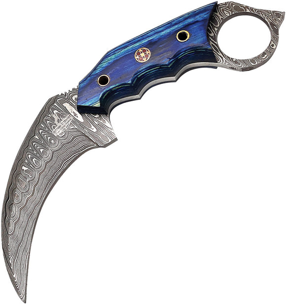 FH Knives Damascus Karambit Blue Pakkawood Fixed Blade Knife KMBT001