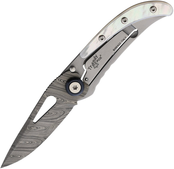 Fox Baroni Trendy Framelock White MOP Folding Damascus Pocket Knife 463DMOP