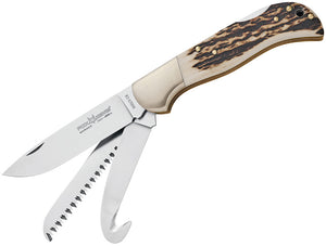 Fox Multi-Hunter 3 Blade Lockback Stag Handle Folding Saw Guthook Knife 5003CE