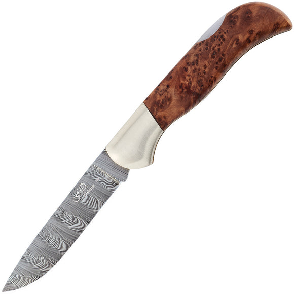 Fox Radica Pocket Knife Burl Wood Lockback Folding Damascus Blade 500D
