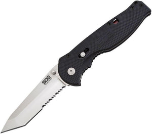 SOG Flash II A/O Satin Tanto Folding Serrated Blade Black Handle Knife