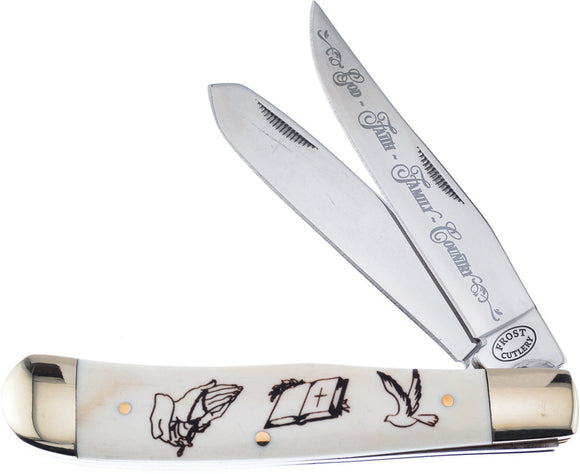 Frost Cutlery Faith Trapper White Bone Handle Stainless 2 Blade Knife 812GFFC