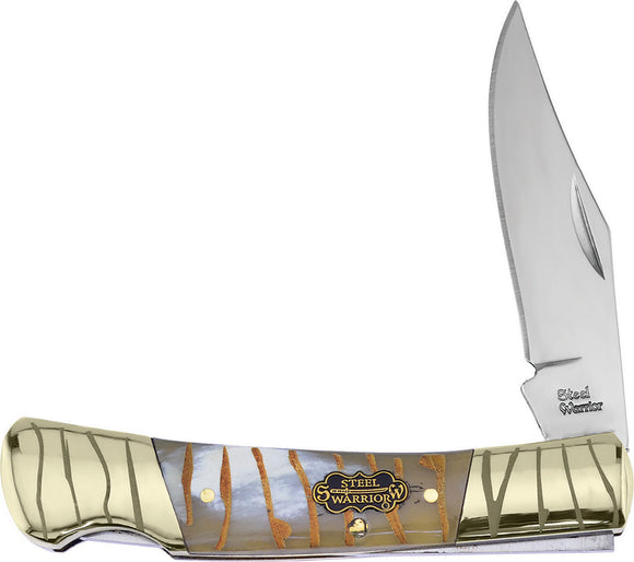 Frost Cutlery Barracuda Lockback Tiger Bone Stripe Steel Warriror Knife W100TG