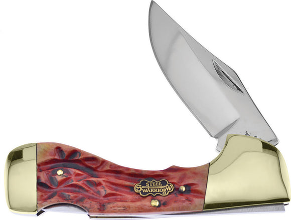 Frost Cutlery Choctaw Brown Bone Gold Bolster Steel Warrior Pocket Knife 5BRMJ