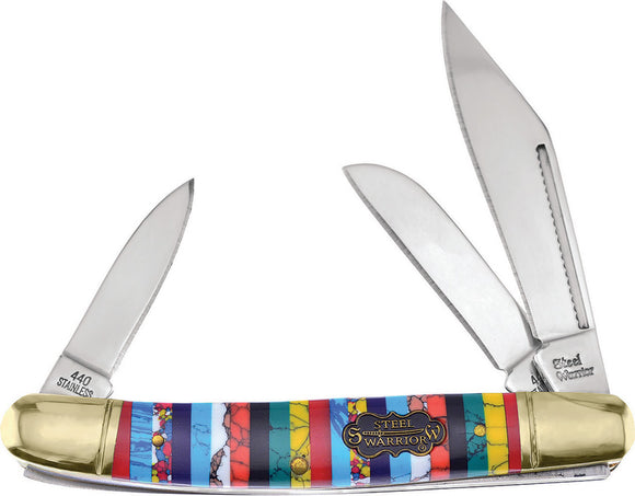 Frost Cutlery Wrangler Rainbow Stone Steel Warrior 3-Blade Folding Knife 112TQT