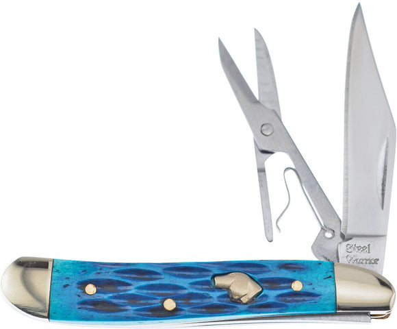 Frost Cutlery Blue Pick Bone Folding Stainless Pocket Knife w/Scissors 465BLPB