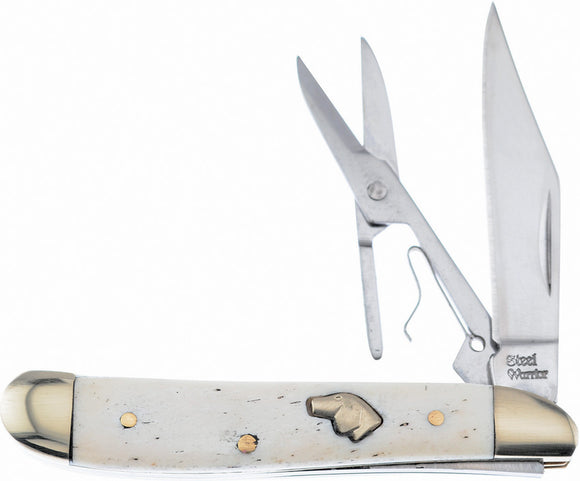 Frost Cutlery White Smooth Bone Folding Stainless Pocket Knife w/Scissors 465WSB