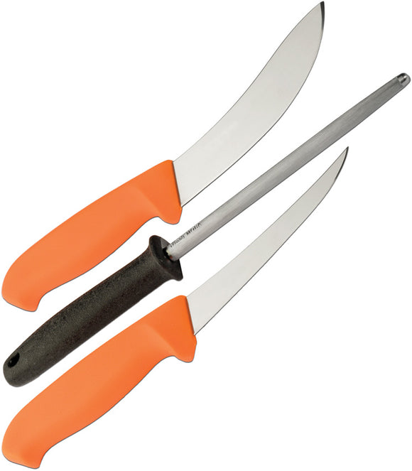 Mora Morakniv  4pc Hunting Set 2 Fixed Blade Knives 1 Steel Sharpener & Orange Knife Pouch 13860