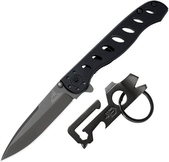 Gerber Evo Jr Linerlock Black Stainless Folding Knife & Mullet Keychain 2pc Set 3846