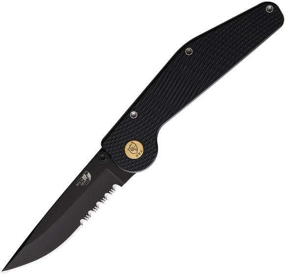 GT Knives Automatic Police Knife Button Lock Black Aluminum Partially Serrated ATS-34 Drop Pt Blade 104