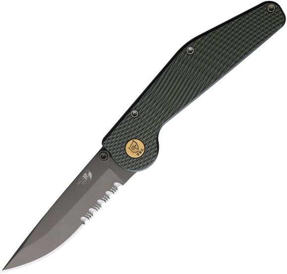 GT Knives Automatic Police Knife Button Lock Green Aluminum Partially Serrated ATS-34 Drop Pt Blade 112