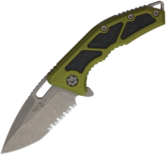 Heretic Knives Medusa Green Tanto Battleworn CPM S35VN Combo Folding Knife 0095bgrn