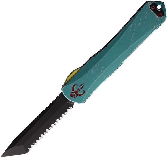 Heretic Knives Automatic Manticore X OTF Knife Distressed Aluminum & CF CPM-MagnaCut Serrated Blade 0316C