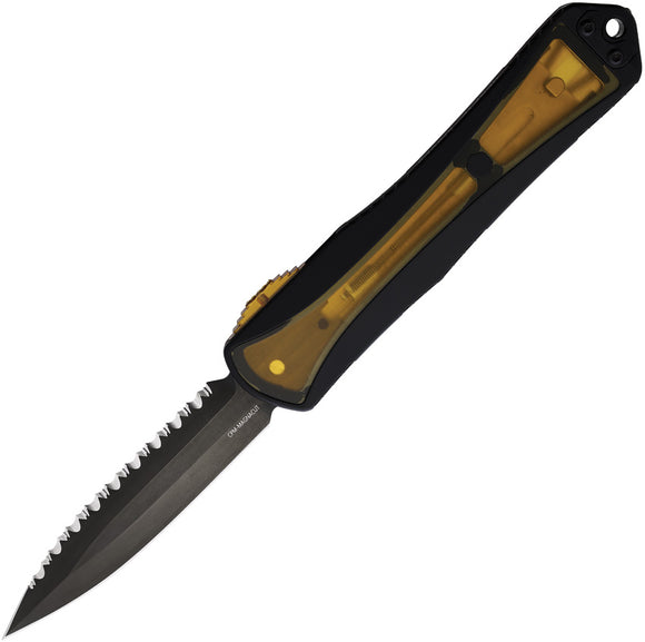 Heretic Knives Automatic Manticore X OTF Knife Black Aluminum & Ultem CPM-MagnaCut Serrated Blade 0326CU
