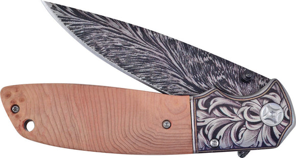 Hen & Rooster Linerlock A/O Burl Wood Folding Damascus Pocket Knife 012BRLW