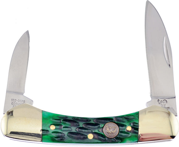 Hen & Rooster Small Canoe Green Bone Folding Stainless Pocket Knife 102DGPB