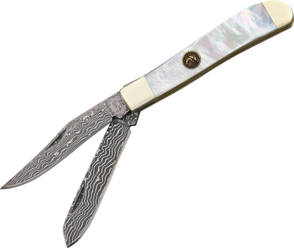 Hen & Rooster Trapper Pocket Knife White/Brass MOP Folding Damascus 212MOPDM