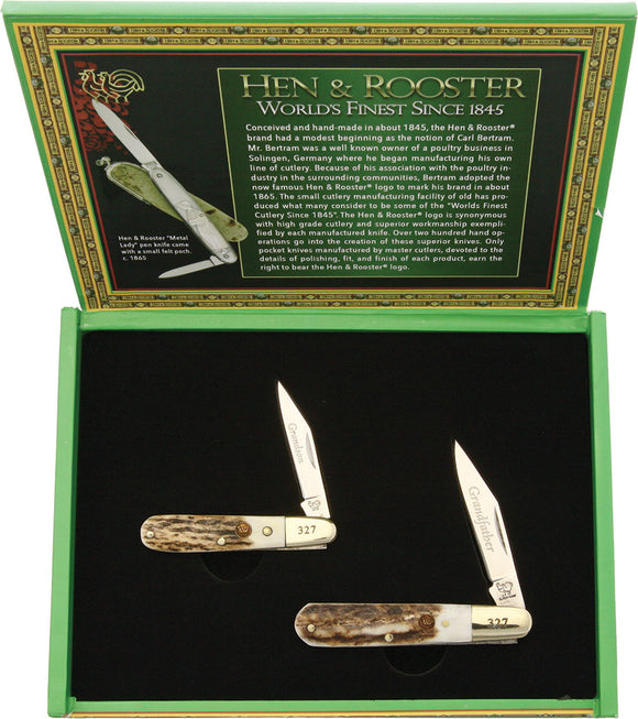 Hen & Rooster Grandfather & Grandson Pocket Knife Stag Bone Folding Set 251GFGS