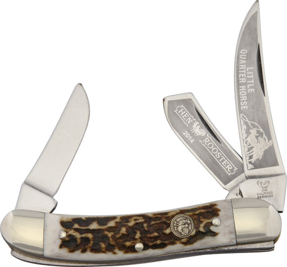 Hen & Rooster Pocket Knife Slip-Joint Brn Deer Horn Stainless 3 Blades 283DSLQH
