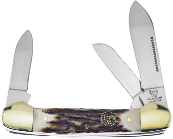 Hen & Rooster Canoe Pocket Knife Brown Deer Stag Folding Stainless Blades 353LDS