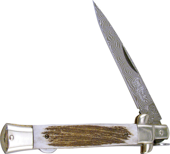 Hen & Rooster Lockback Stiletto Deer Stag Folding Damascus Pocket Knife 5071DSD