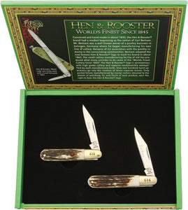 Hen & Rooster Father & Son Pocket Knife Stag Bone Folding Stainless Set FS6