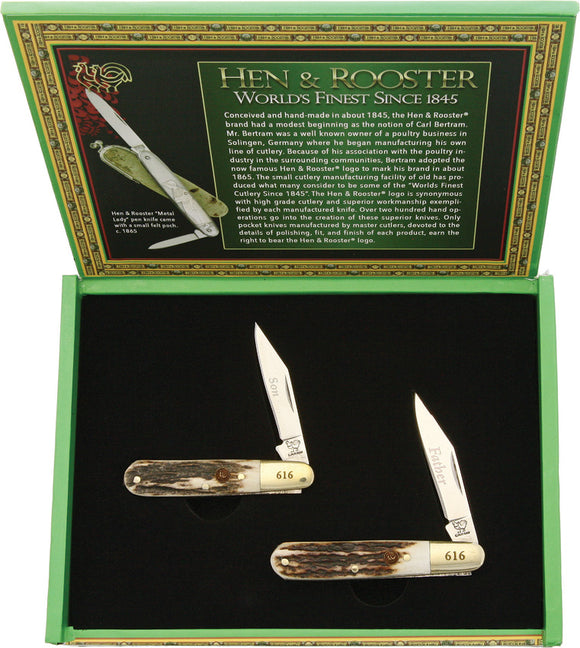 Hen & Rooster Father & Son Pocket Knife Stag Bone Folding Stainless Set FS6