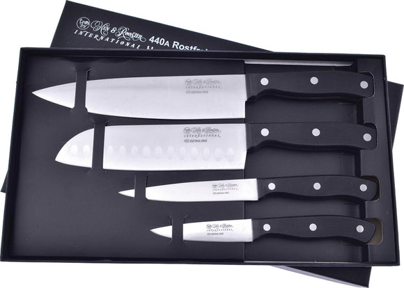 Hen & Rooster 4pc Black Fixed Blade Kitchen Knife Set I003S
