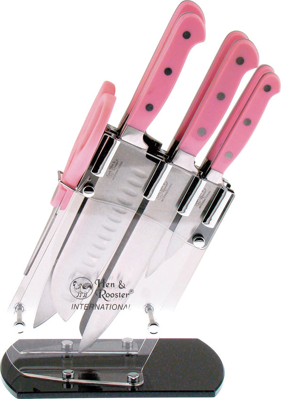 Hen & Rooster Seven Piece Kitchen Knife Set 7pc Pink ABS Stainless Blade 036
