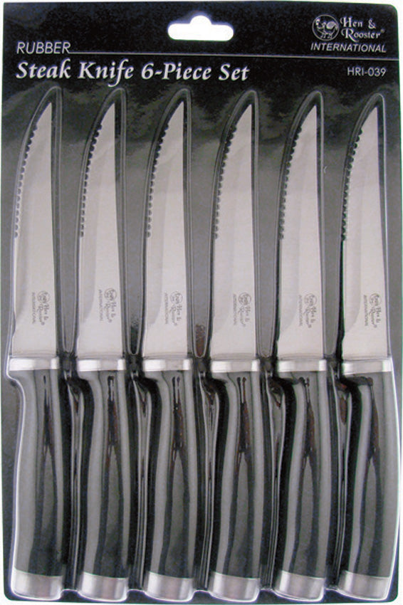 Hen & Rooster Six Piece Kitchen Knife Black 6pc Carbon Steel Clip Pt Blade 039