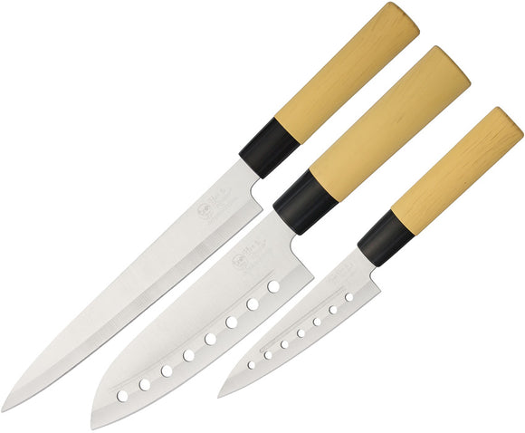 Hen & Rooster Three Piece Kitchen Knife Set 3pc Tan Wood Stainless K100