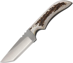 Anza Full Elk Stag Handle 7.75" Fixed Tanto Blade Knife w/ Belt Sheath