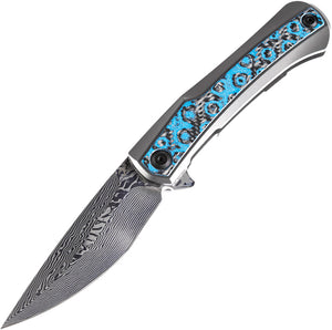 Kansept Knives Kratos Framelock Blue/Black Folding Damascus Pocket Knife 1024A4