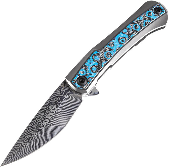 Kansept Knives Kratos Framelock Blue/Black Folding Damascus Pocket Knife 1024A4