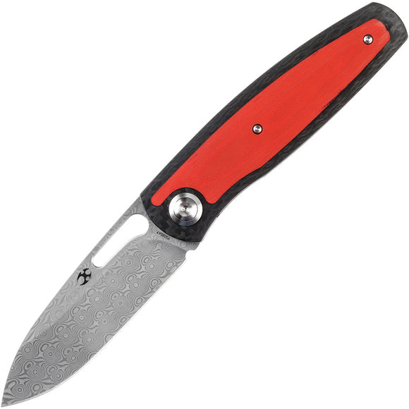 Kansept Knives Mato Linerlock Red G10 & Black CF Folding Damascus Knife 1050A7