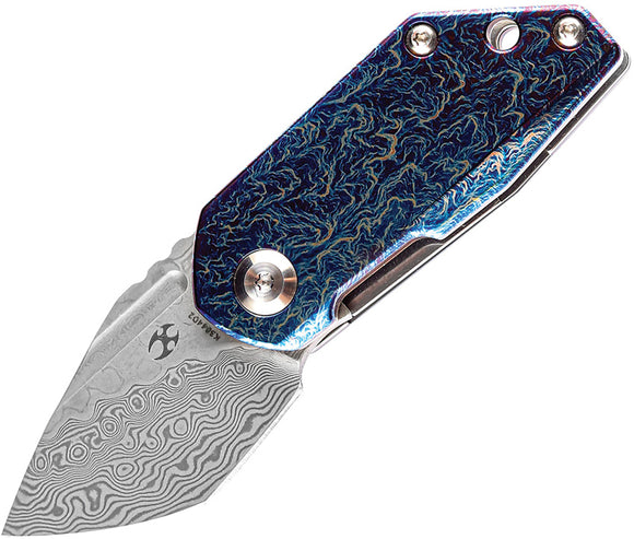 Kansept Knives RIO Pocket Knife Linerlock Blue Titanium Folding Damascus 3044D2