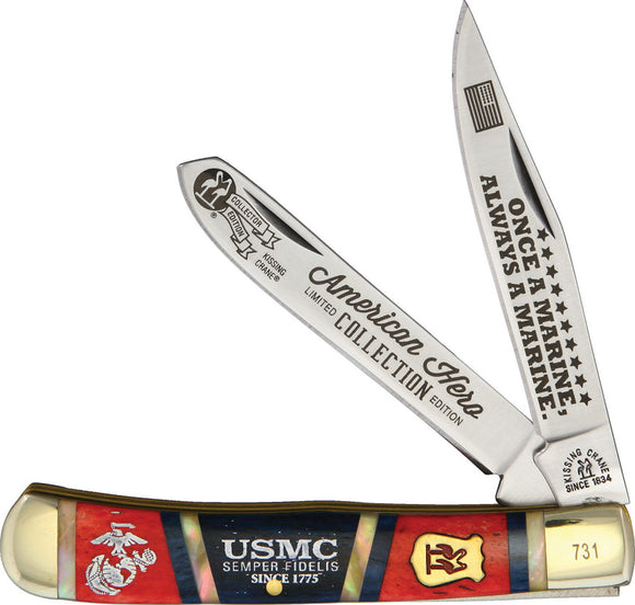 Kissing Crane USMC Trapper 2019 Blue/Red Bone Folding 440 Stainless Knife 5471