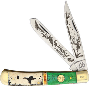 Kissing Crane Mallard Trapper Green Bone Folding Stainless Pocket Knife 5547