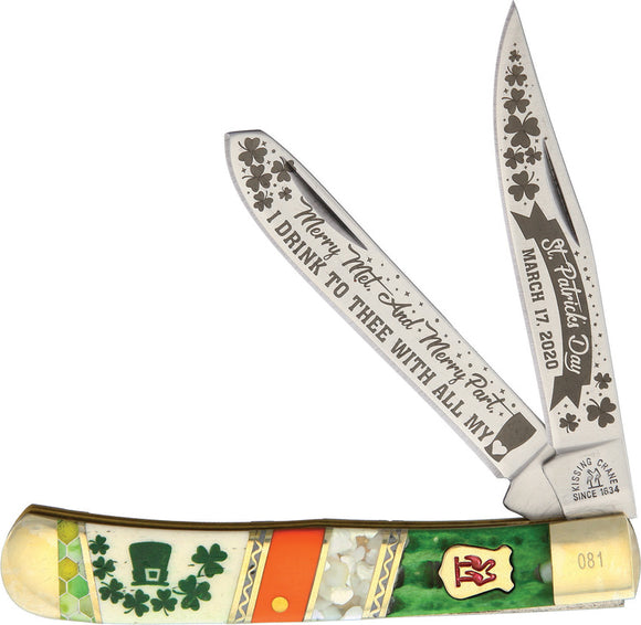 Kissing Crane St. Patricks Day Trapper Bone Folding Stainless Pocket Knife 5707