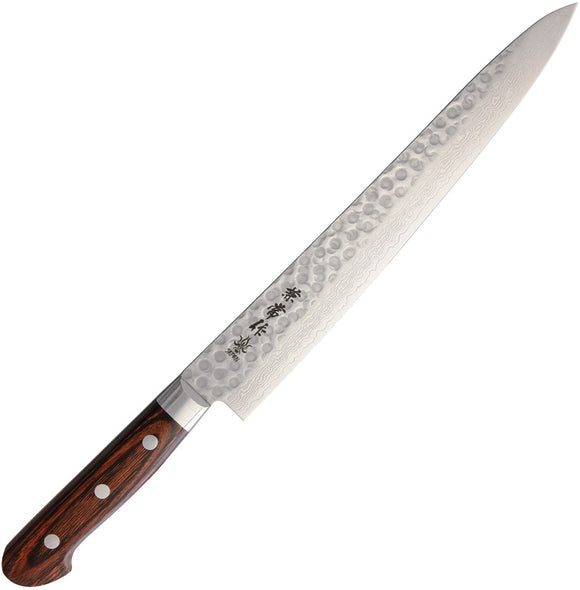 Kanetsune Sujihiki Brown Smooth Wood Damascus Fixed Blade Knife 906