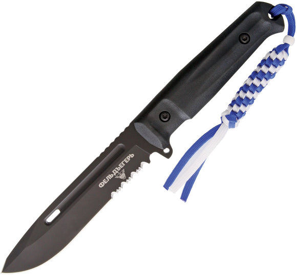Kizlyar Feldjaeger Black AUS-8 Serrated Titanium Fixed Knife w/ Sheath 0049