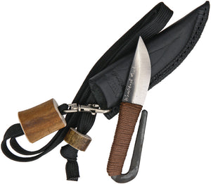Kellam Brown Sisal Wrapped Carbon Steel Fixed Blade Neck Knife w/ Sheath HM39