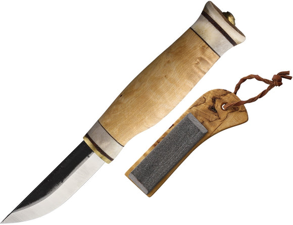 Kellam Tundra Whittler Curly Birch & Reindeer Antler Fixed Blade Knife w/ Sharpener + Leather Sheath kt23h