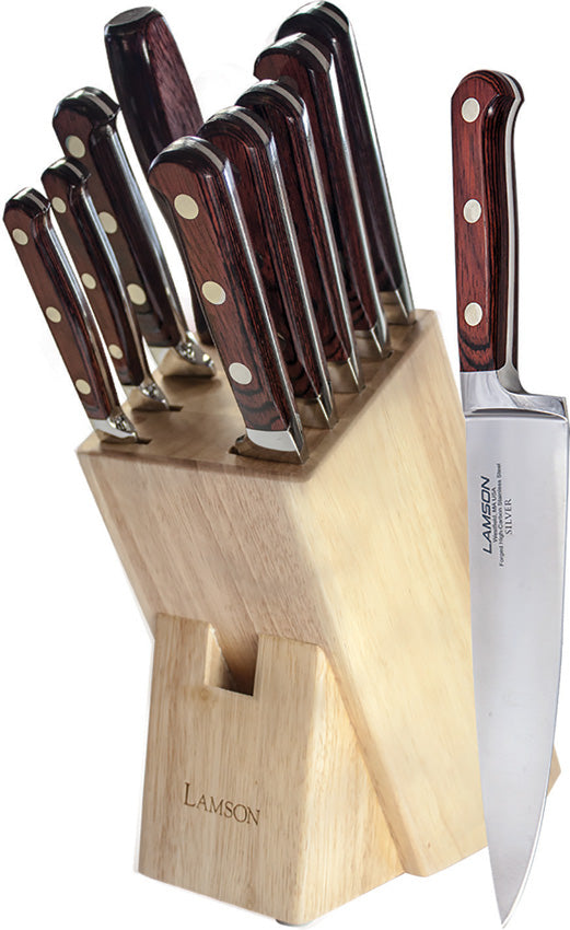 Lamson Kitchen 10pc Red-Mahogany Handle Maple Block Silver Series Set 39970