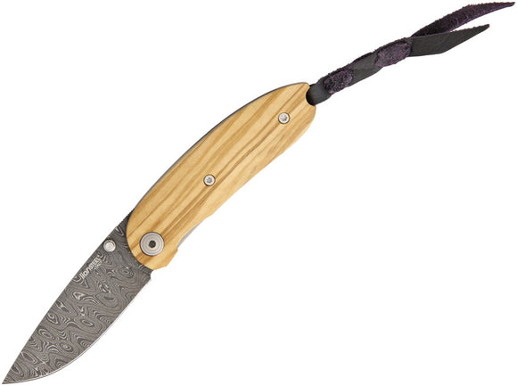 LionSTEEL Mini Linerlock Olive Wood Folding Damascus Steel Pocket Knife 8210DUL
