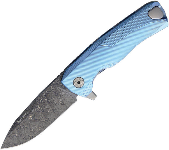 LionSTEEL ROK Flipper Blue Titanium Folding Damascus Pocket Knife ROKDDBL