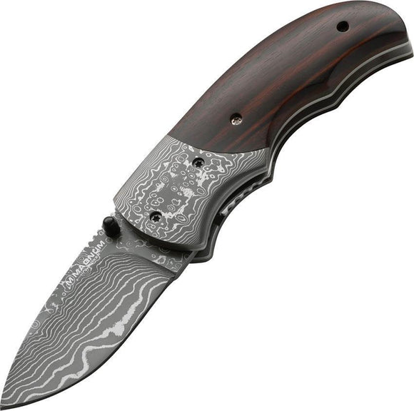 Boker Magnum Damascus Stubby Steel Blade Ebony Wood Folding Knife