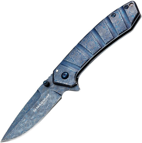 Boker Magnum Raindrop Linerlock Blue Damascus Stainless Folding Knife