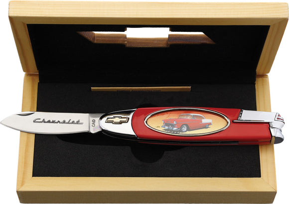 Red & White 1955 Chevrolet Collectable Folding Pocket Knife + Display Box 4445